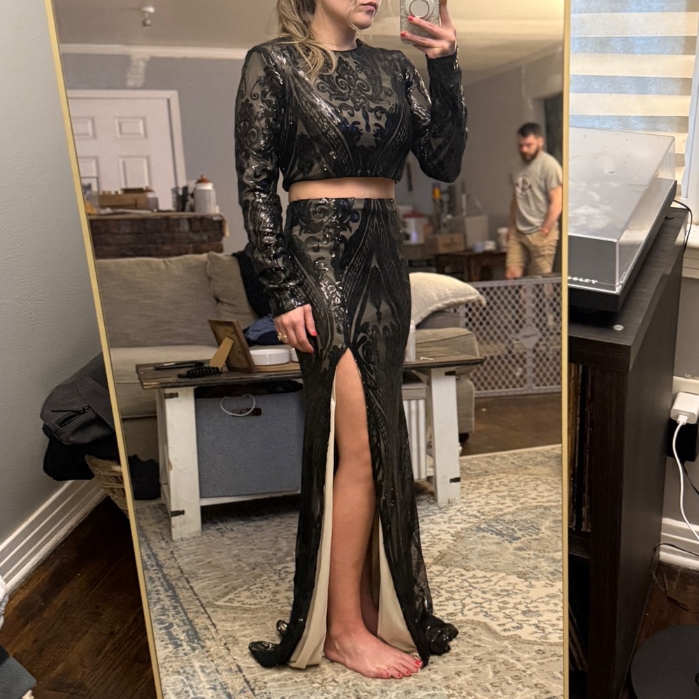 Black Long Sleeve Lace Gown with Slit